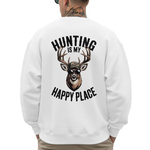 Camo Deer Hunting Is My Happy Place Dad Hunter Men's Sweatshirt Back Print - Father's Day Fun