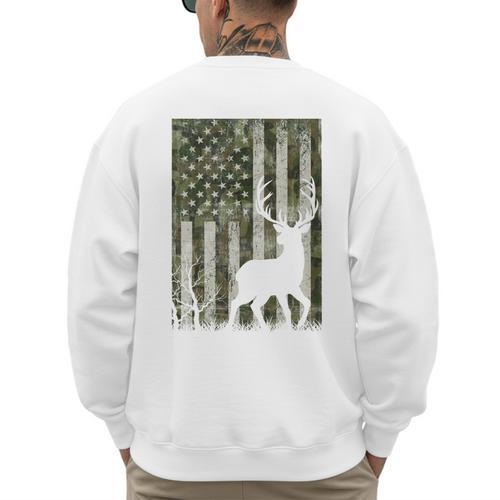 US Flag Deer Elk Buck Camoflage Hunting Hunter Dad Grandpa Men's Sweatshirt Back Print - Father's Day Fun
