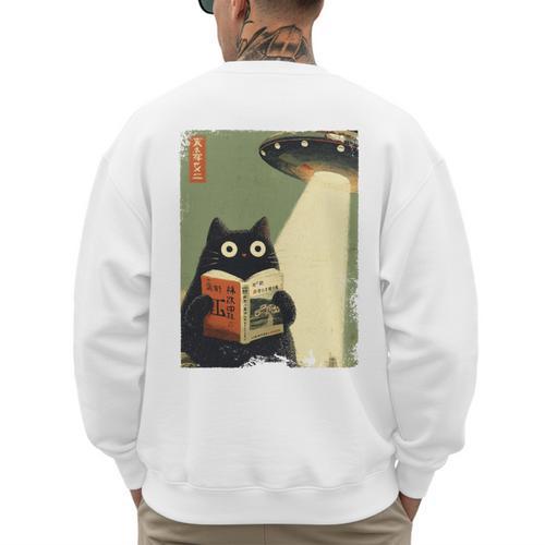 Vintage Japanese Cat Book Lovers UFO Alien Abduction Cat Dad Men's Sweatshirt Back Print - Father's Day Fun