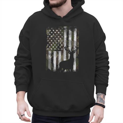Camo US Flag Deer Elk Buck Camoflage Hunting Hunter Dad Short Sleeve Men Hoodie - Father's Day Fun