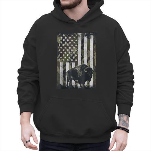 Camo USA Flag Bison Camouflage Hunting Wildlife Hunter Dad Men Hoodie - Father's Day Fun
