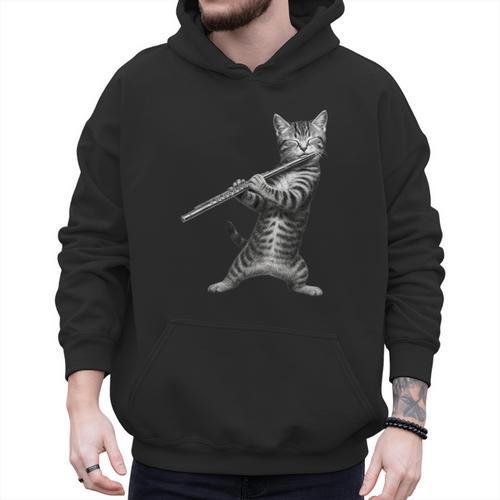 Cat Playing Flute For Cat Lover Cat Mom Cat Dad Men Hoodie - Father's Day Fun