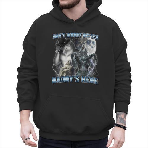 Cool Alpha Wolf Meme Don't Worry Kitten Daddy's Here Men Hoodie - Father's Day Fun