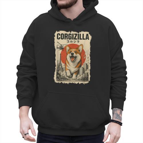 CorgiZilla Parody Japanese Art Vintage Corgi Dog Mom Dog Dad For Men Women Kids Men Hoodie - Father's Day Fun