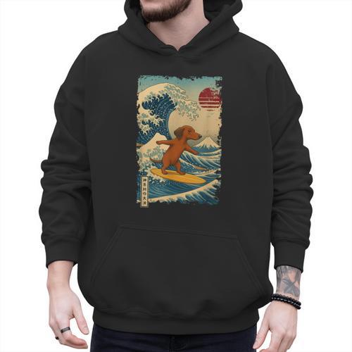 Dachshund Doxie Japanese Kanagawa Wave Surfing Japan Mom Dad Men Hoodie - Father's Day Fun