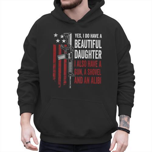 Daughter Gun Shovel Alibi Mom Dad Guns Joke -ON Back Men Hoodie - Father's Day Fun