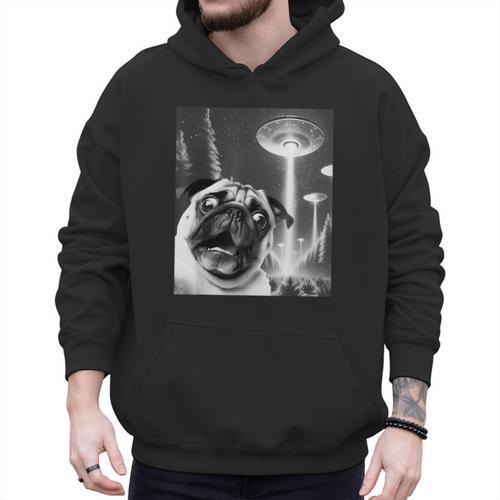 Pug Alien UFO Taking a Selfie Dog Mom Dad Men Hoodie - Father's Day Fun