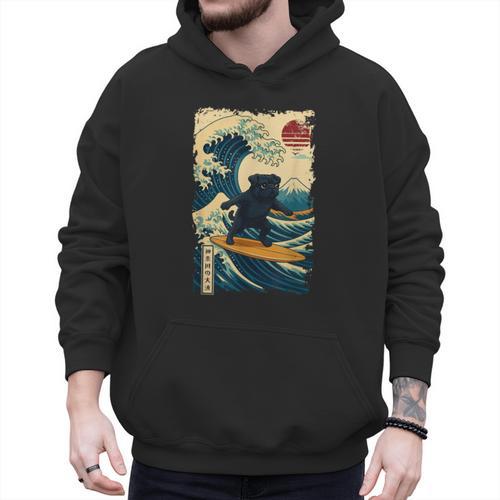 Pug Japanese Kanagawa Wave Surfing Japan Mom Dad Kids Men Hoodie - Father's Day Fun