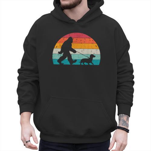 Retro Sasquatch Lover Doxie Wiener Dog Walker Bigfoot Walking a Dog Dachshund Weiner Dog Dad Weenie Small Men Hoodie - Father's Day Fun