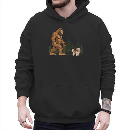 Shih Tzu Bigfoot Dog Walking Mom Dad Kids Men Hoodie - Father's Day Fun