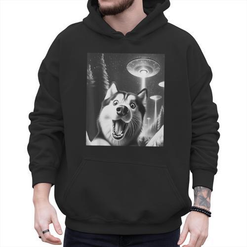 Siberian Husky Alien UFO Taking a Selfie Dog Mom Dad Men Hoodie - Father's Day Fun