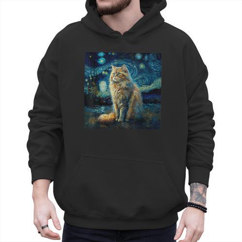 Van Gogh Starry Night Cat For Cat Lover Cat Mom And Cat Dad Men Hoodie - Father's Day Fun