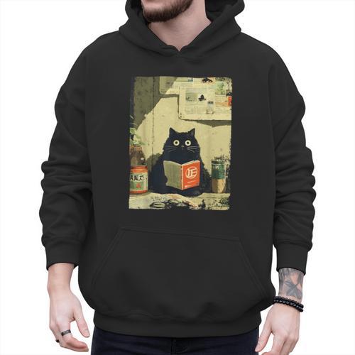 Vintage Japanese Cat Book Lovers Librarian Cat Dad Teacher Men Hoodie - Father's Day Fun