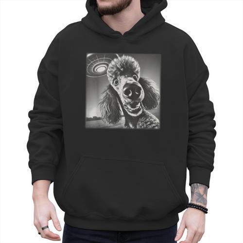 Vintage Poodle Selfie With UFO Alien Photobooth Dog Mom Dad Men Hoodie - Father's Day Fun