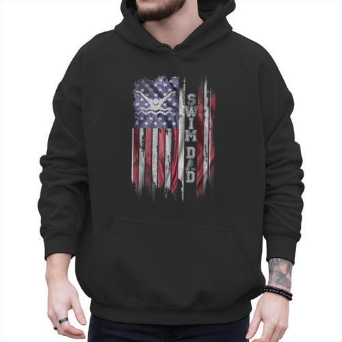 Vintage USA Flag Proud Swimming Dad Swim Swimmer Silhouette Men Hoodie - Father's Day Fun