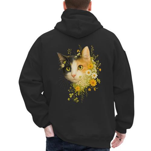 Calico Cat With Flowers For Mom Dad Women Men Kids Botanical Men's Hoodie Back Print - Father's Day Fun