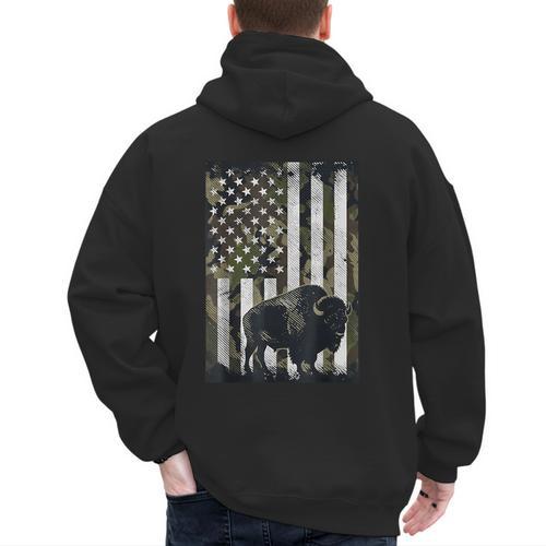Camo USA Flag Bison Camouflage Hunting Wildlife Hunter Dad Men's Hoodie Back Print - Father's Day Fun