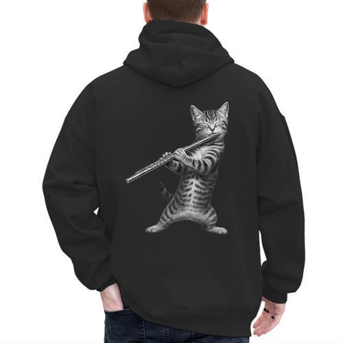 Cat Playing Flute For Cat Lover Cat Mom Cat Dad Men's Hoodie Back Print - Father's Day Fun