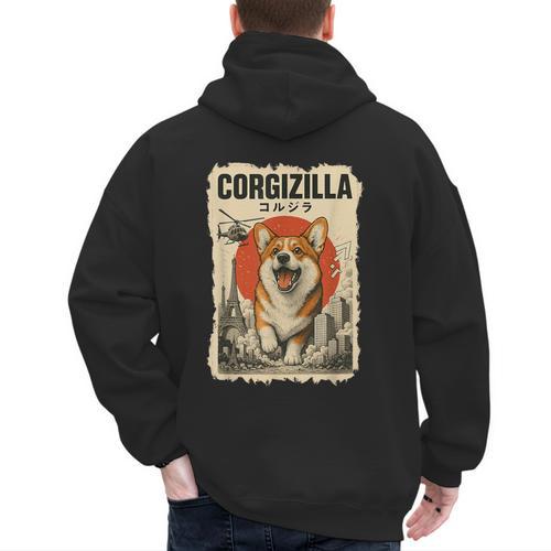 CorgiZilla Parody Japanese Art Vintage Corgi Dog Mom Dog Dad For Men Women Kids Men's Hoodie Back Print - Father's Day Fun