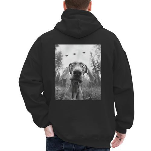 Dog Mom Dad Alien Selfie Weimaraner UFO For Men Women Men's Hoodie Back Print - Father's Day Fun