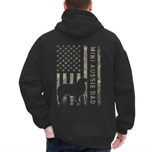Mini Aussie Dad Australian Shepherd Dog Camo USA Flag Men's Hoodie Back Print - Father's Day Fun