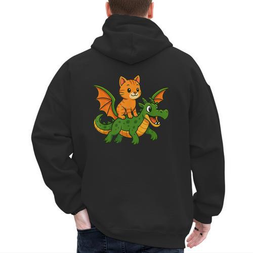 Orange Cat Dragon Riding Animal Lover Mom Dad Kids Men's Hoodie Back Print - Father's Day Fun