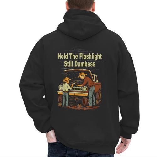 Retro Hold The Flashlight Still Dumbass Car Fixing Dad Son Men's Hoodie Back Print - Father's Day Fun