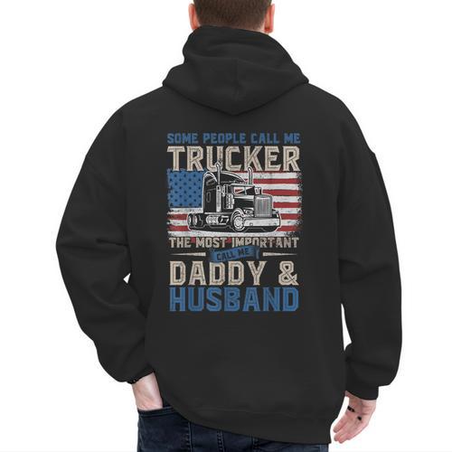 Semi Truck Driver Trucker Daddy Husband US American Flag Men's Hoodie Back Print - Father's Day Fun