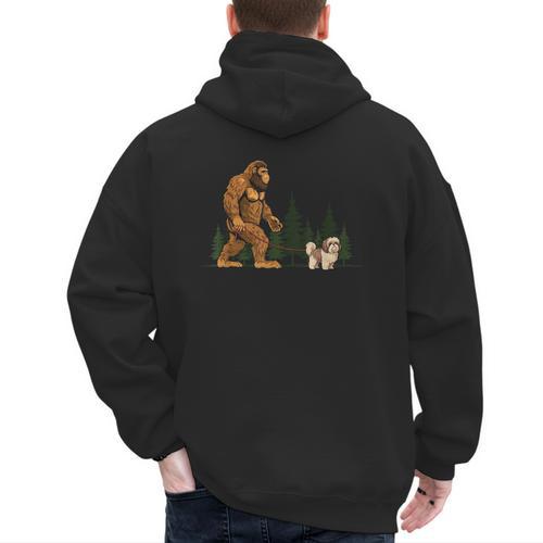Shih Tzu Bigfoot Dog Walking Mom Dad Kids Men's Hoodie Back Print - Father's Day Fun