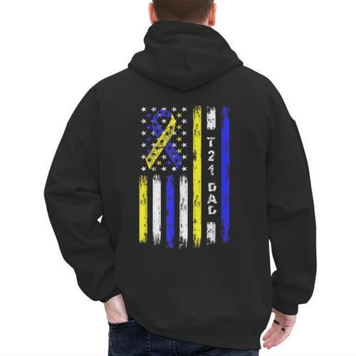 T21 Dad American Flag Down Syndrome Awareness Men's Hoodie Back Print - Father's Day Fun