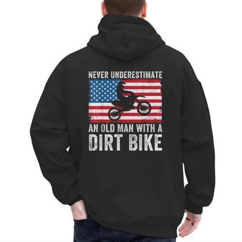 Never Underestimate An Old Man With A Dirt Bike Grandpa Dad Men's Hoodie Back Print - Father's Day Fun