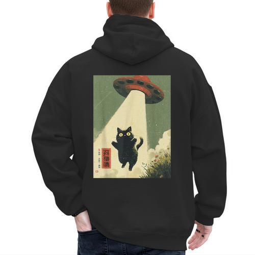 Vintage Japanese Cat Alien Cat Dad UFO Abduction Graphic Tee Men's Hoodie Back Print - Father's Day Fun