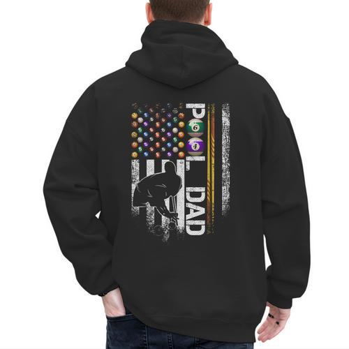 Vintage USA Flag Billiards Player Proud Pool Dad Men's Hoodie Back Print - Father's Day Fun