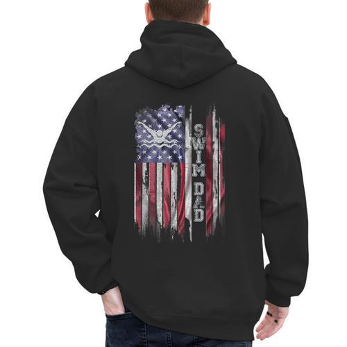 Vintage USA Flag Proud Swimming Dad Swim Swimmer Silhouette Men's Hoodie Back Print - Father's Day Fun