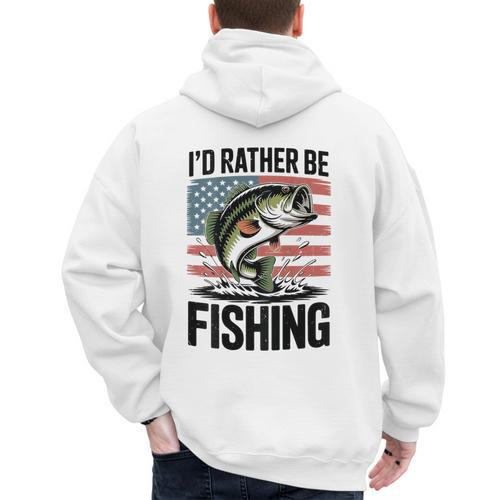 I'd Rather Be Fishing Bass Fish Dad Joke American Flag Men's Hoodie Back Print - Father's Day Fun