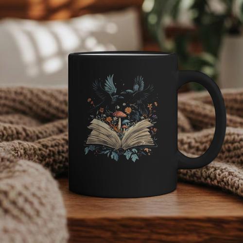 Book Lover Crow Cottagecore Flowers Book Graphic Print Coffee Mug - Bookorys UK