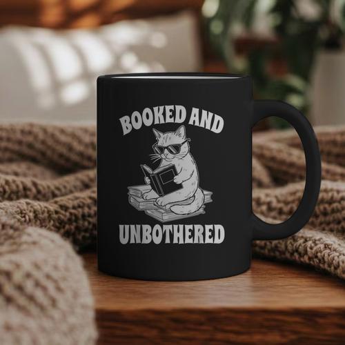 Booked And Unbothered Cat Reading Book Lovers Graphic Print Coffee Mug - Bookorys