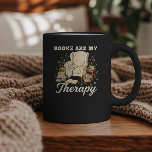 Books Are My Therapy Cozy Reading Chair Artwork Graphic Print Coffee Mug - Bookorys