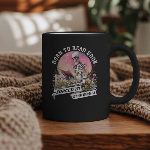 Born To Read Book Forced To Read Emails Skeleton Graphic Print Coffee Mug - Bookorys UK