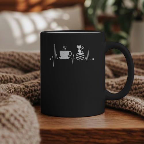 Cat Book Coffee Lover Heartbeat Cat Lover Book Lover Graphic Print Coffee Mug - Bookorys AU