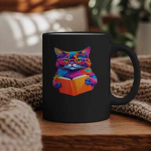 Cat Book Shirt Colorful Cat Reading Book Graphic Print Coffee Mug - Bookorys