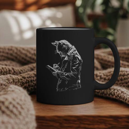 Cat Holds Book Writing Animal Print Motif Drawing Art Cat Graphic Print Coffee Mug - Bookorys CA