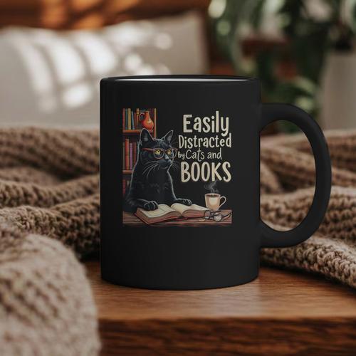 Cats And Books Book & Cat Lover Easily Distracted By Graphic Print Coffee Mug - Bookorys