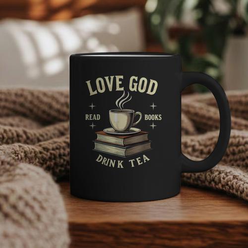 Christian Bookworm Love God Read Books Drink Tea Graphic Print Coffee Mug - Bookorys