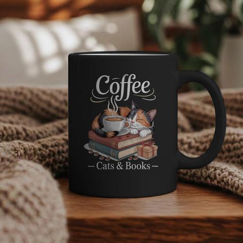 Coffee Cats And Books Cozy Calico Reader Love Cute Cat Graphic Print Coffee Mug - Bookorys AU