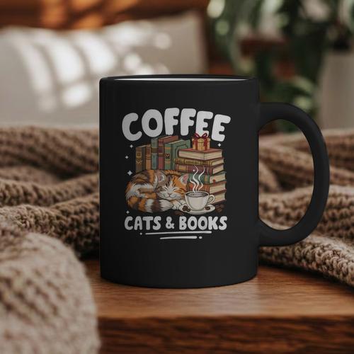Coffee Cats And Books Cats And Reading Lovers Graphic Print Coffee Mug - Bookorys AU