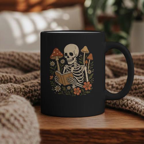 Cottagecore Aesthetic Floral Mushroom Skeleton Reading Books Graphic Print Coffee Mug - Bookorys