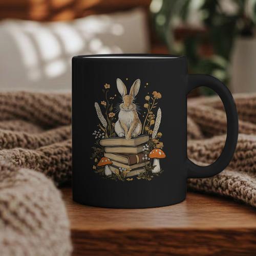 Cottagecore Aesthetic Rabbit Reading Book Lover Women Art Graphic Print Coffee Mug - Bookorys
