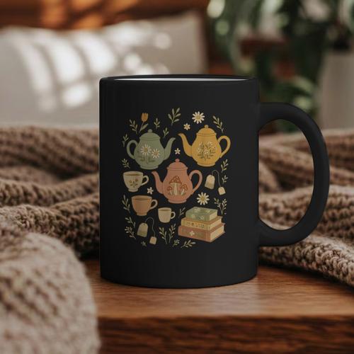Cottagecore Whimsical Elements Teapots Books Graphic Print Coffee Mug - Bookorys