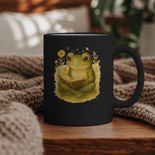 Cottagecore Whimsical Green Frog Peacefully Reading Book Graphic Print Coffee Mug - Bookorys UK